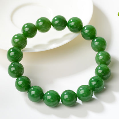 Unisex Spinach Green Hetian Jasper Round Bead Single-loop Bracelet