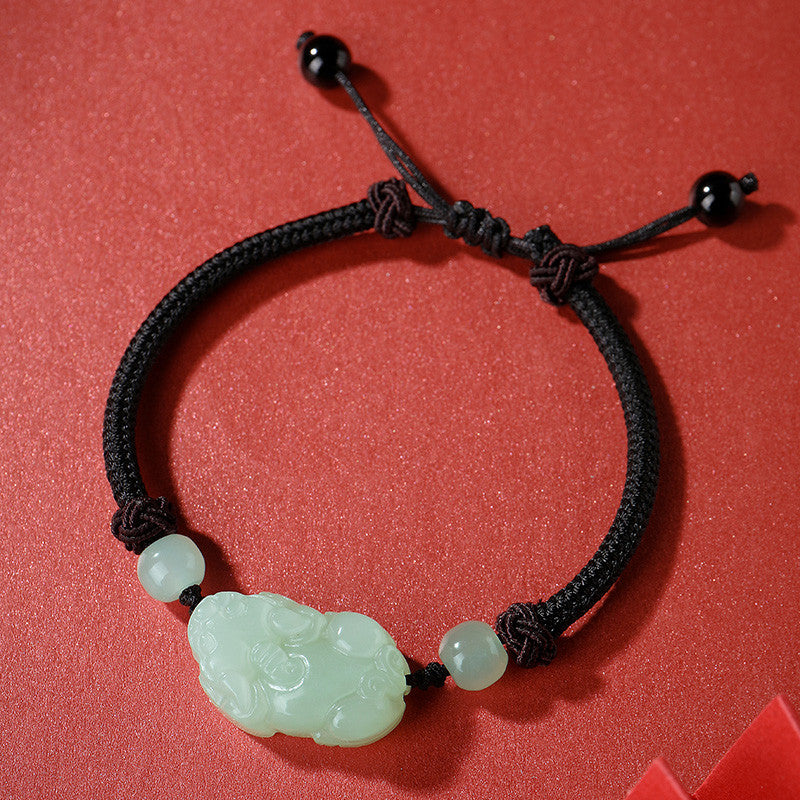 Pale Cyan Hetian Jade Pixiu Bracelet, Adjustable Couple Rope Bracelet, Birthday & Festival Gift for Men Women
