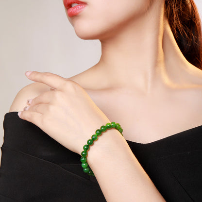 8mm Glossy Spinach Green Hetian Jasper Bracelet, Round Bead Single-loop Bangle