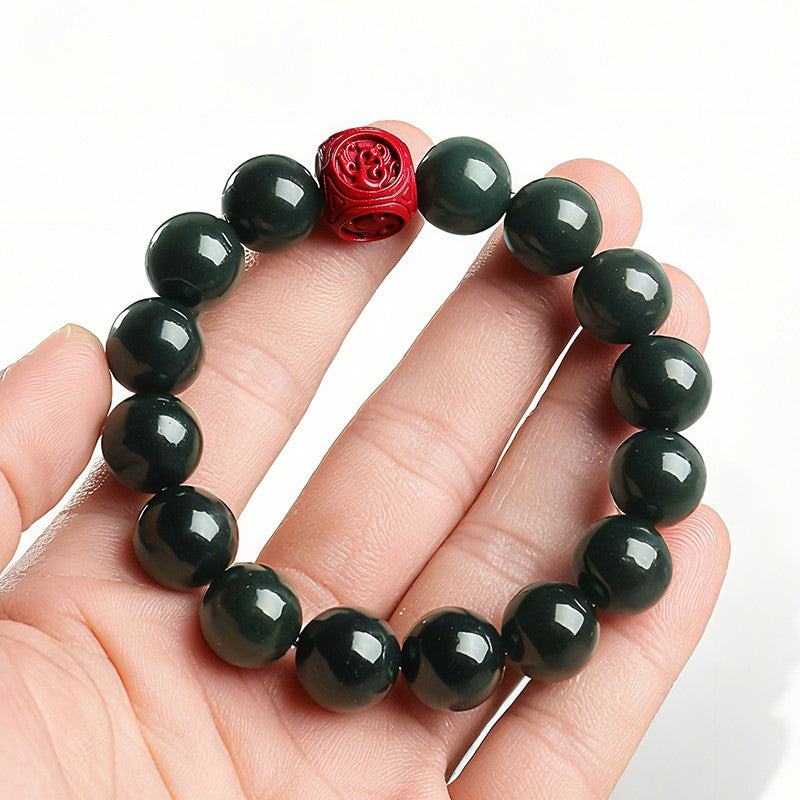 Dark Green Hetian Jade Barrel Bead Bracelet with Cinnabar Pixiu, Unisex Multi-gemstone Lucky Bracelet
