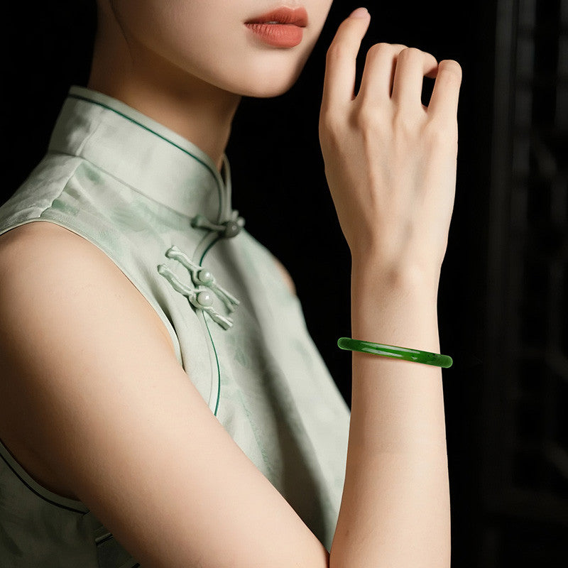 Spinach Green Hetian Jasper Round Bar Bangle, Multiple Inner Diameter Sizes Available