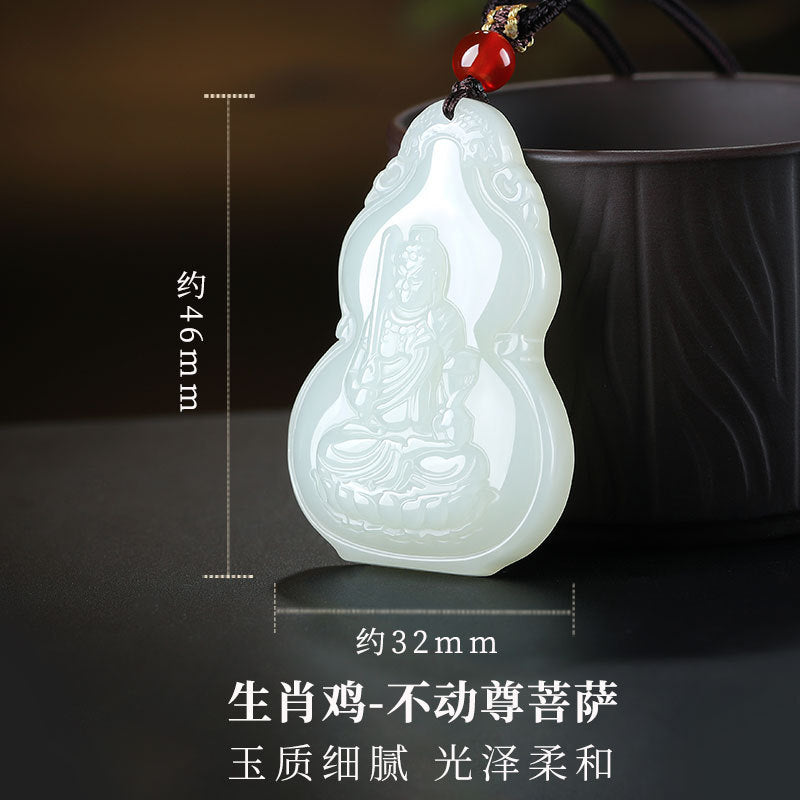 Hetian Jade Pendant, Gourd & Zodiac Patron Buddha Guanyin Charms, Unisex Jade Hanging Ornament