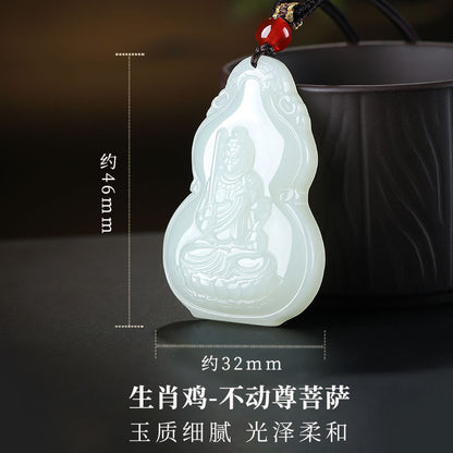 Hetian Jade Pendant, Gourd & Zodiac Patron Buddha Guanyin Charms, Unisex Jade Hanging Ornament