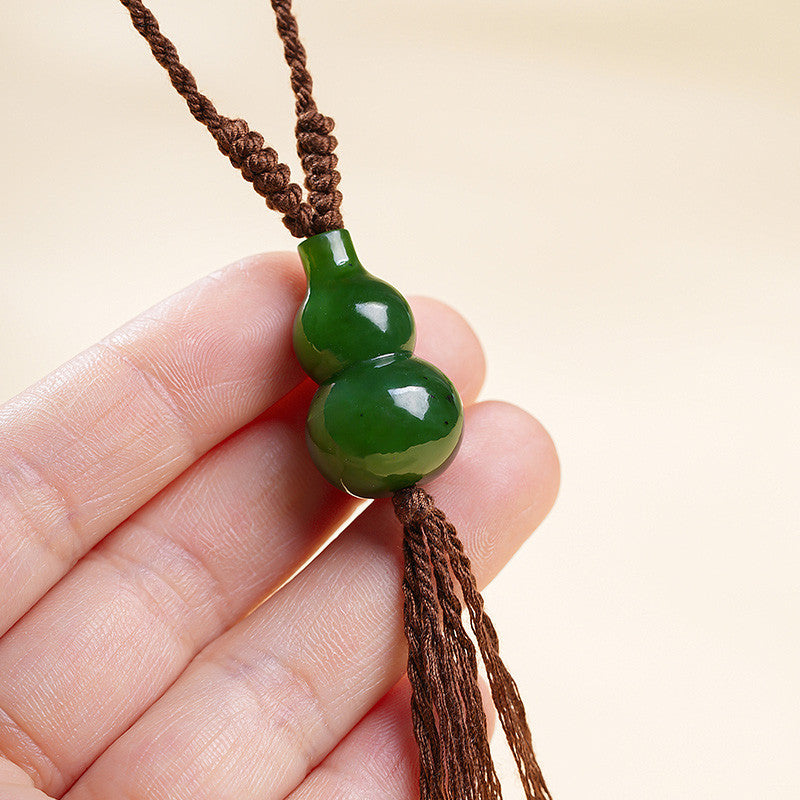 Spinach Green Hetian Jasper Gourd Pendant, Fortune & Blessing Jade Ornament with Cord