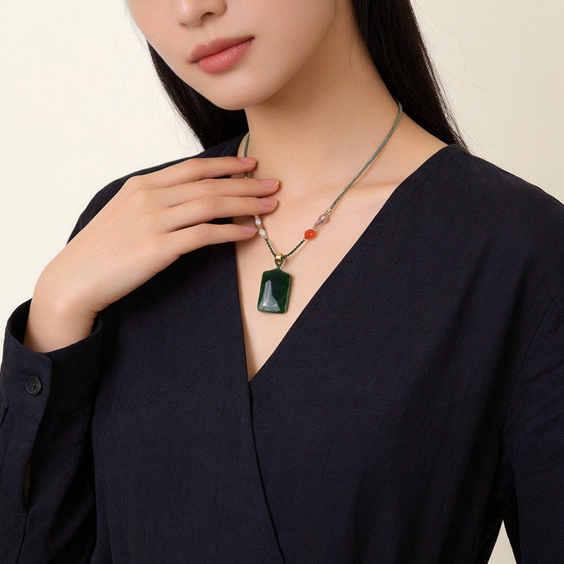 Spinach Green Hetian Jasper Plain Plaque Pendant for Women, No-Carve Peace Jade Holiday Gift