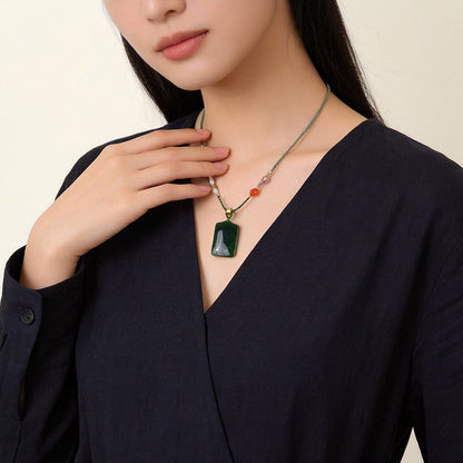 Spinach Green Hetian Jasper Plain Plaque Pendant for Women, No-Carve Peace Jade Holiday Gift