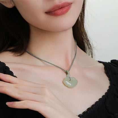 Hetian jade pendant, auspicious symbol, peace lock, jade pendant necklace, braided cord, unisex.
