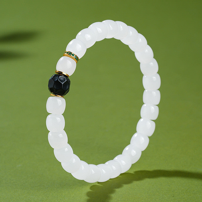Custom-made White Hetian Jade Straight-cut Plain Bead Bracelet, Unisex Single-loop Jade Bangle