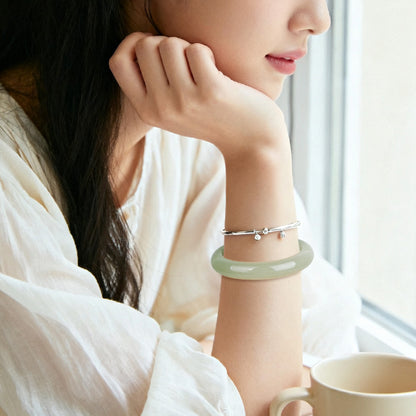 Pale Cyan Water Tone Bangle, High-Gloss Dongling Jade Wide-Band Peace Bracelet