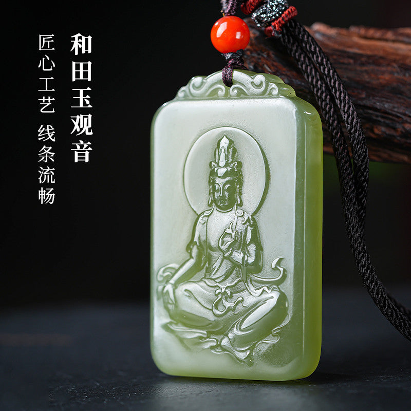 Men's Hetian Pale Cyan Jade Pendant, Clear Water Tone Guanyin Jade Charm, Festival Gift