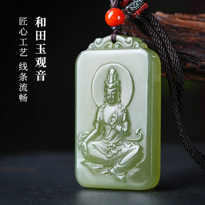 Men's Hetian Pale Cyan Jade Pendant, Clear Water Tone Guanyin Jade Charm, Festival Gift