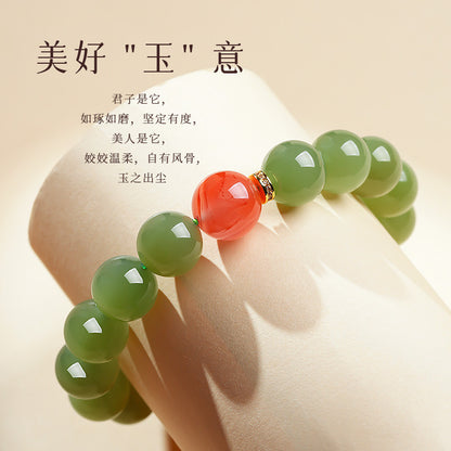 High Oil & Translucent Pale Cyan Hetian Jade Bracelet, Round Bead Single-loop Bangle for Women