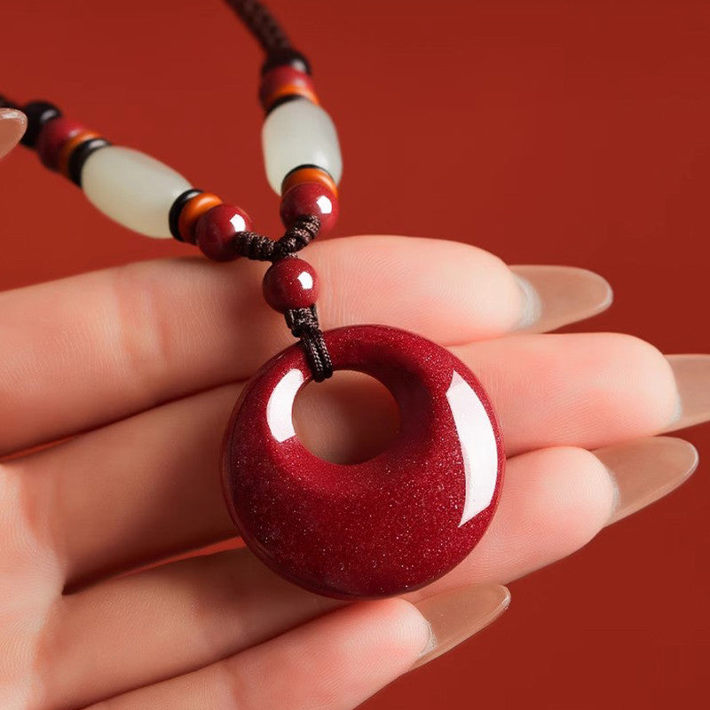 Cinnabar & Hetian Jade Peace Buckle Necklace for Women, Auspicious Pendant, Lucky Gift for Zodiac Year