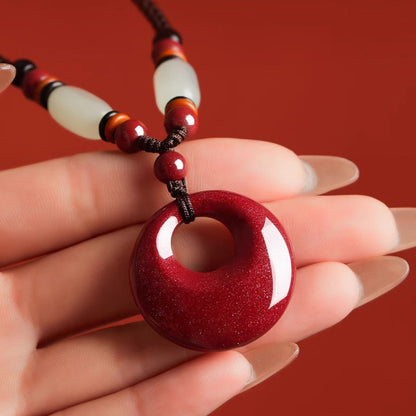 Cinnabar & Hetian Jade Peace Buckle Necklace for Women, Auspicious Pendant, Lucky Gift for Zodiac Year