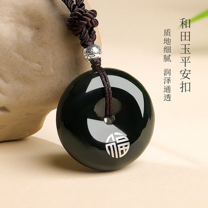 Oily Hetian Dark Green Jade Safety Buckle Pendant, Unisex Peace Jade Charm