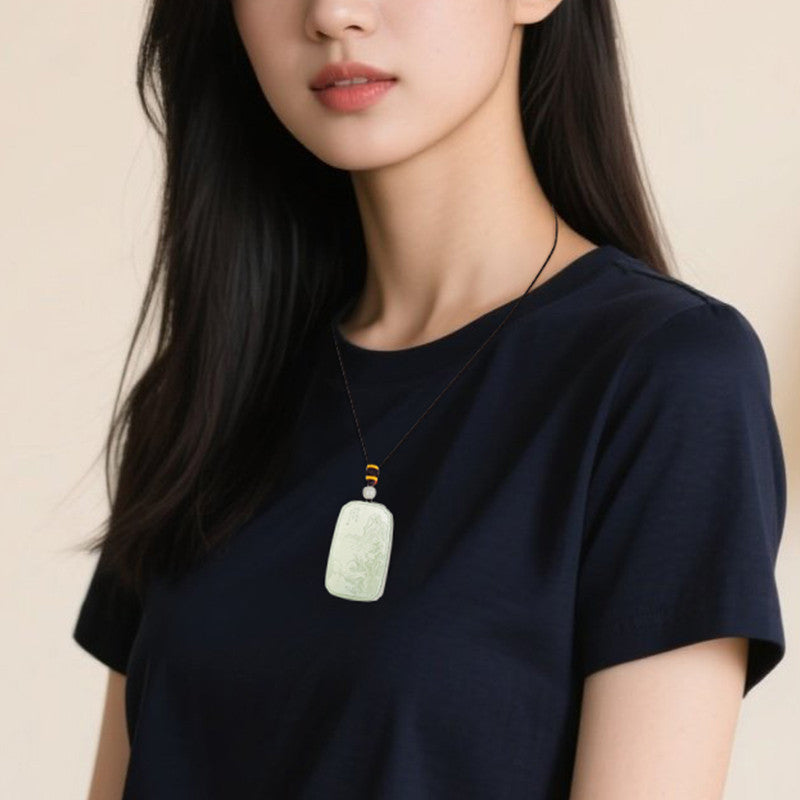 Master's Unique Piece | Hand Line-Carved Landscape Hetian Jade Pendant, Light Cyan & White Jade for Men & Women