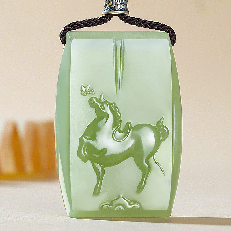 Light Cyan Hetian Jade Horse Pendant, Prosperous Year of the Horse Zodiac Pendant