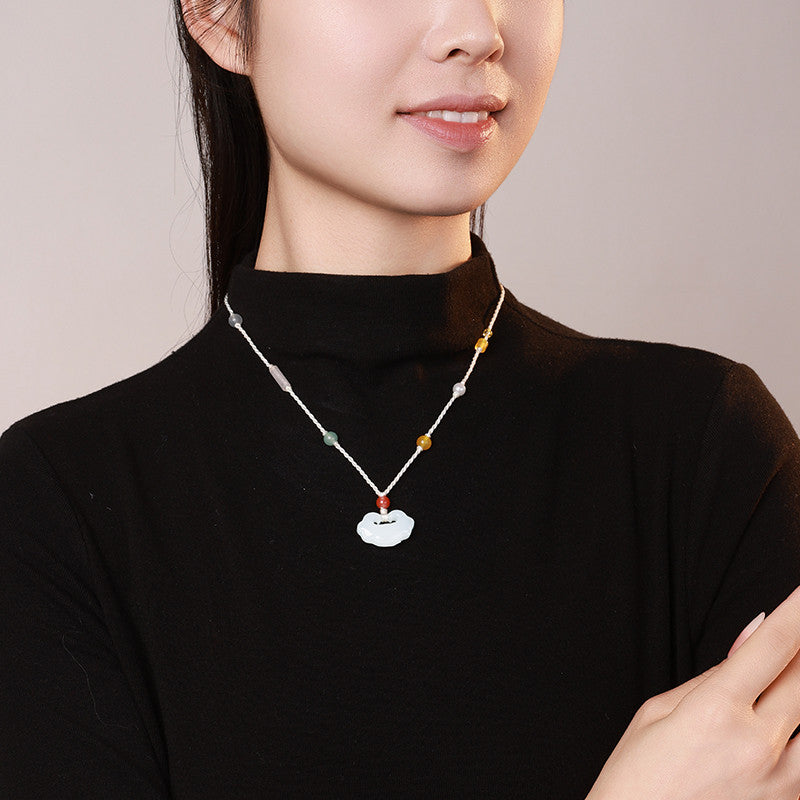 Women's Hetian White Jade Peace & Ruyi Lock Pendant, Festival Gift