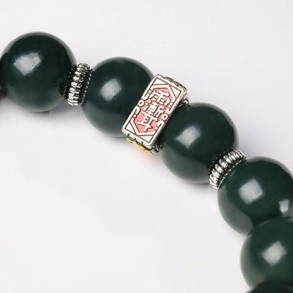 Unisex Green Hetian Jade Bracelet & Hand String with Mountain Ghost Coin, Festival Gift