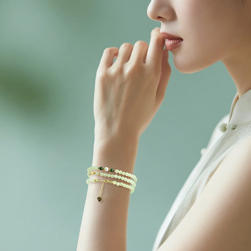 Bluish Green Hetian Jade Mini Bead Bracelet, Fresh Style Multi-loop for Women, Multi-purpose as Necklace