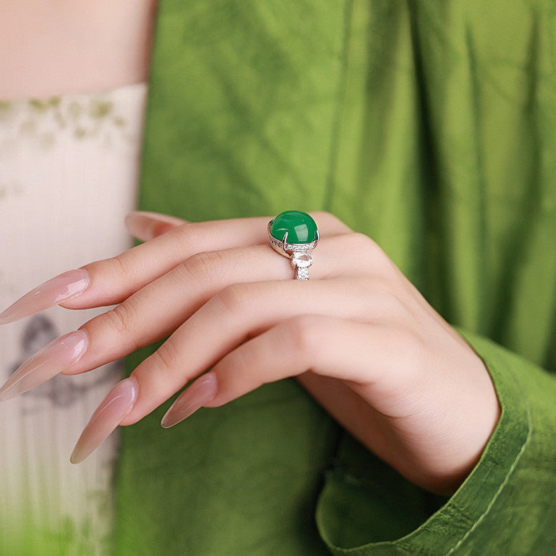Natural Chalcedony 【Moonlight Glow】Oval Cabochon Ring, Niche Design Elegant Finger Ring, Minimalist Daily Wear