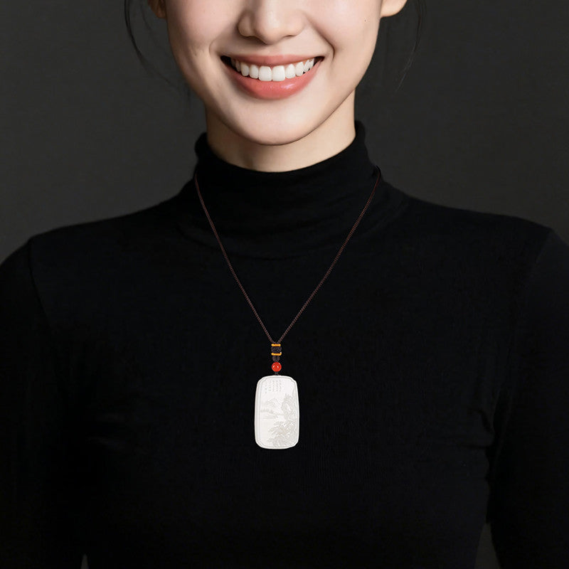 Master's Unique Piece | Hand Line-Carved Landscape Hetian Jade Pendant, Light Cyan & White Jade for Men & Women