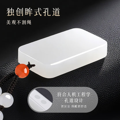 Peace & Blessing Hetian White Jade Plain Plaque Pendant, Unisex Jade Charm with Cord, Ideal Gift, With Certificate & Collectible Value