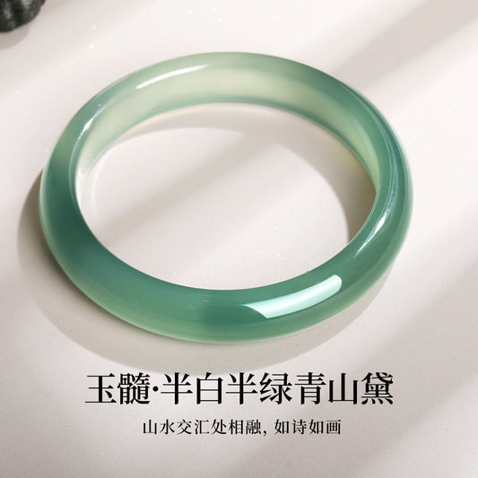 Selected Distant Mountain Cyan Chalcedony Bangle, Glossy Green Translucent Bracelet, Gift for Girlfriend