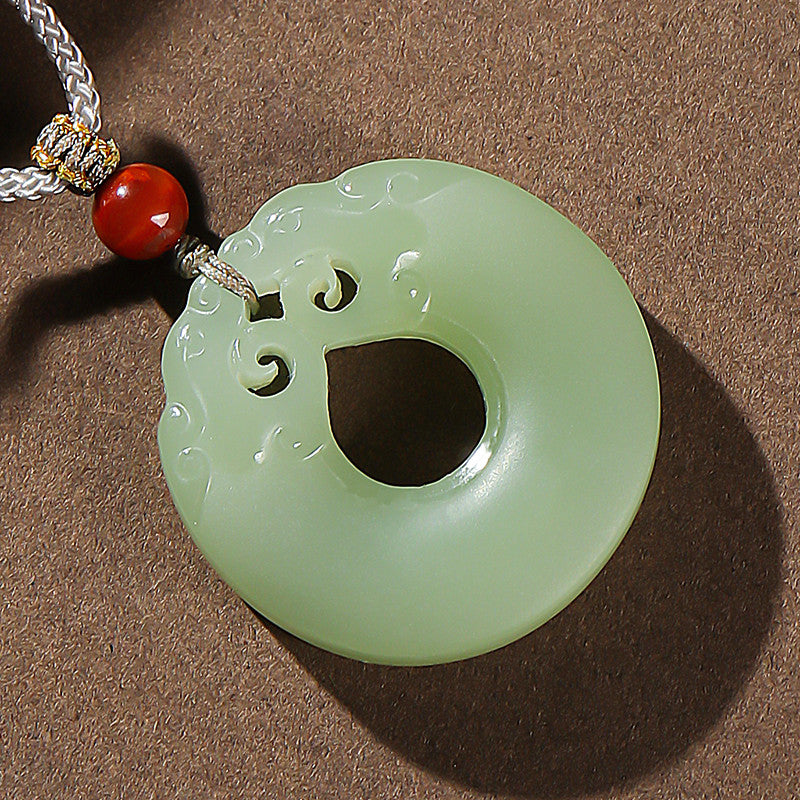 Pale Cyan Hetian Jade Double Dragon Safety Buckle Pendant, Unisex Holiday Gift Jade Ornament