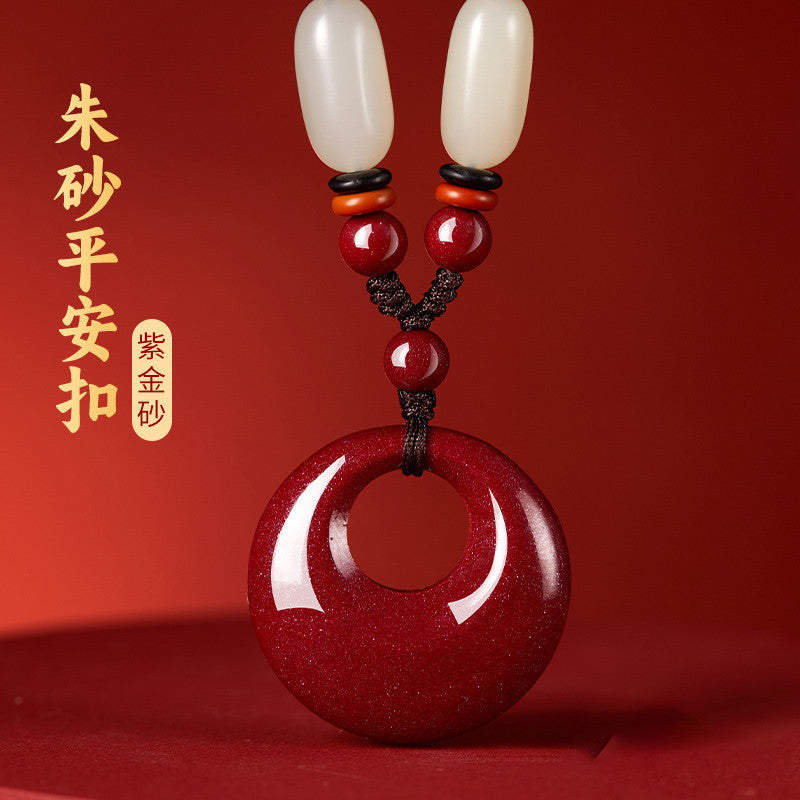 Cinnabar & Hetian Jade Peace Buckle Necklace for Women, Auspicious Pendant, Lucky Gift for Zodiac Year