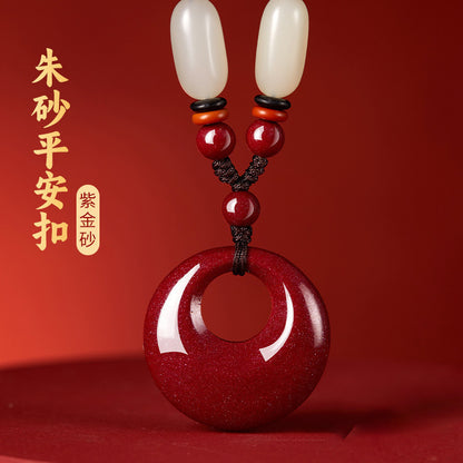 Cinnabar & Hetian Jade Peace Buckle Necklace for Women, Auspicious Pendant, Lucky Gift for Zodiac Year