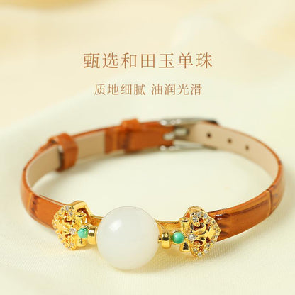Rotatable Barrel Bead Jade Bracelet, Hetian Jade & Jadeite Wristband with Pixiu, Gift