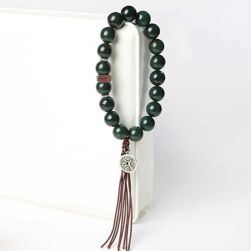 Unisex Green Hetian Jade Bracelet & Hand String with Mountain Ghost Coin, Festival Gift