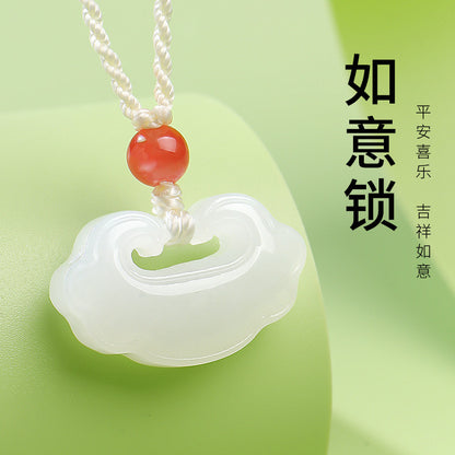 Women's Hetian White Jade Peace & Ruyi Lock Pendant, Festival Gift