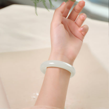 Premium Selection White Hetian Jade Peace Bangle, Exquisitely Oily & Delicate Jade Bracelet, Holiday Gift Ornament with Certificate & Collectible Value