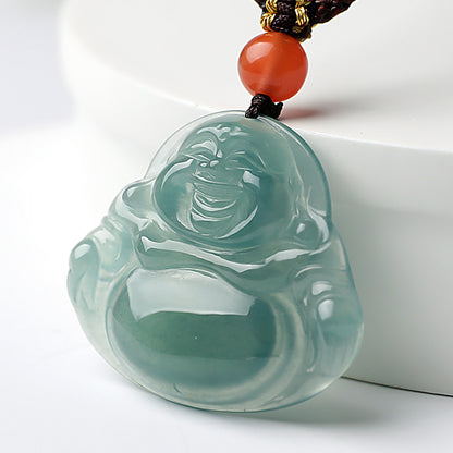 Icy Transparent Blue Water Jadeite Big Belly Maitreya Buddha Pendant, Women's Style, Festival Gift