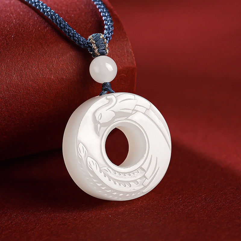 Couple Style Hetian Jade Pendant, Dragon & Phoenix Concentric Circle Jade Ornament, Auspicious Dragon and Phoenix Design with Cord, Perfect for Gifting