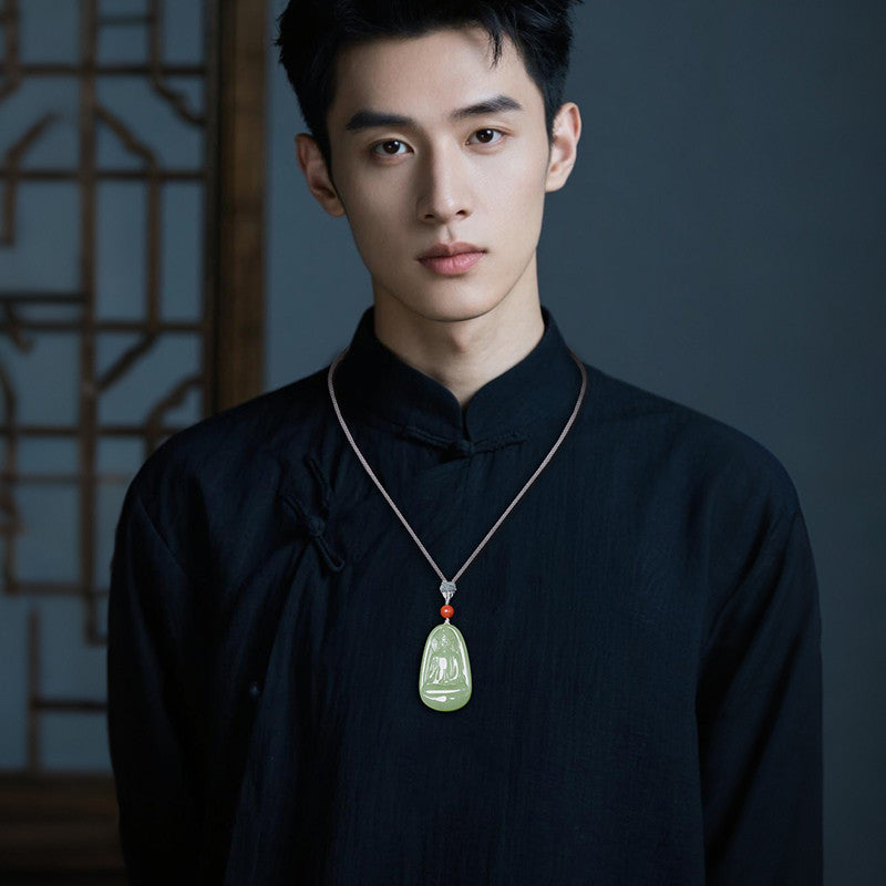 Plain Robe Guanyin Pale Cyan Hetian Jade Pendant for Men