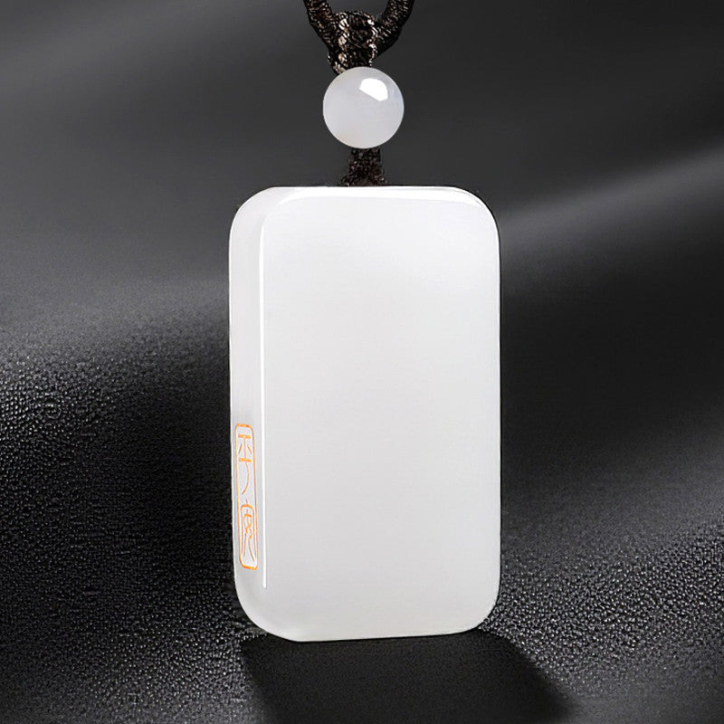 Peace & Blessing Hetian White Jade Plain Plaque Pendant, Unisex Jade Charm with Cord, Ideal Gift, With Certificate & Collectible Value