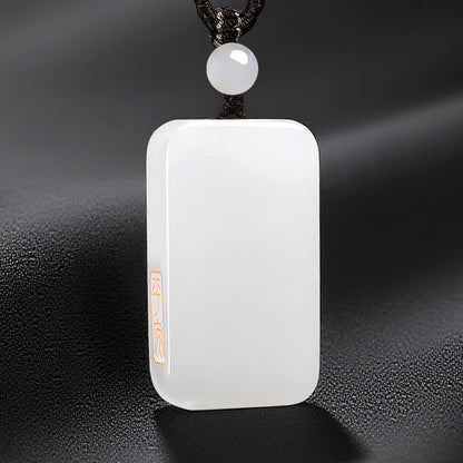 Peace & Blessing Hetian White Jade Plain Plaque Pendant, Unisex Jade Charm with Cord, Ideal Gift, With Certificate & Collectible Value