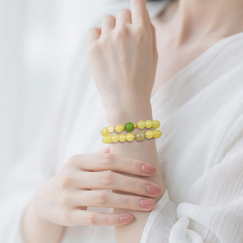 Glossy Hetian Yellow Jade Round Beads Multi-Gem Double-Layer Bracelet, Warm Tone Jewelry for Autumn & Winter