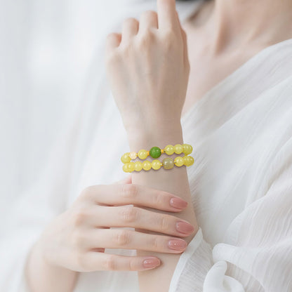 Glossy Hetian Yellow Jade Round Beads Multi-Gem Double-Layer Bracelet, Warm Tone Jewelry for Autumn & Winter