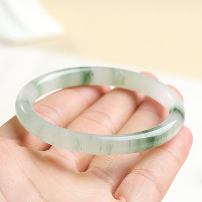 Icy Green Floating Strip Quartzite Bangle, Tianshan Cui Round Bar Jade Bracelet