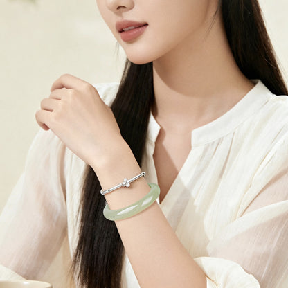Pale Cyan Water Tone Bangle, High-Gloss Dongling Jade Wide-Band Peace Bracelet