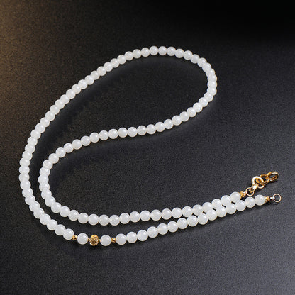 White Hetian Jade Necklace, Elegant Chinese Style Beaded Chain for Women, Dual-use Sweater Chain & Neck Ornament