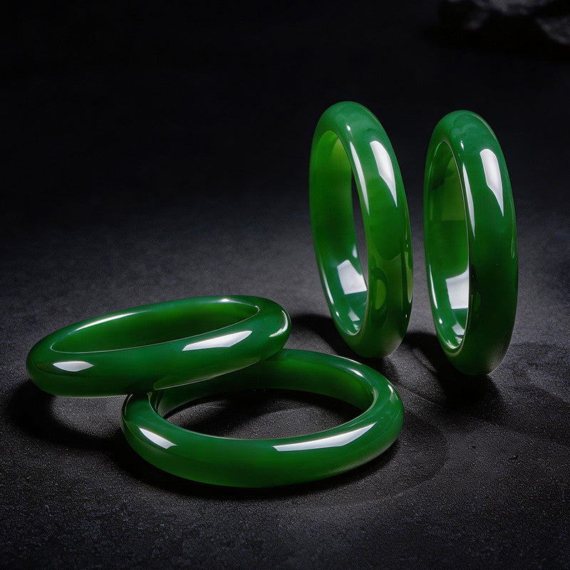 Collectible Grade Hetian Jasper Bangle, Oily Spinach Green Wide Band Women Jade Bracelet