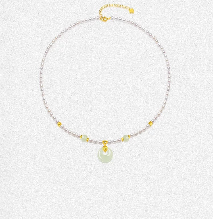 Certified Freshwater Rice Pearl Necklace Hetian Jade Peace Buckle Pendant Choker Collectible Jewelry Birthday Gift for Women