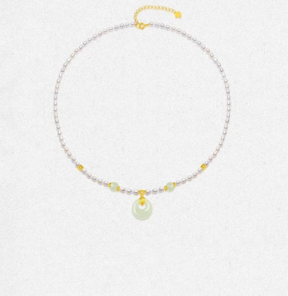 Certified Freshwater Rice Pearl Necklace Hetian Jade Peace Buckle Pendant Choker Collectible Jewelry Birthday Gift for Women