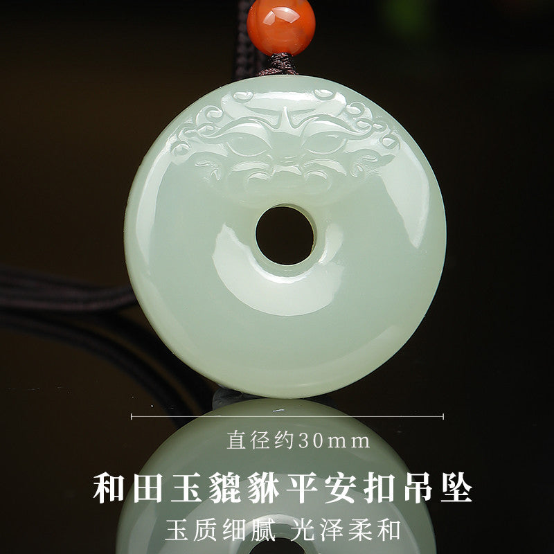 Smooth & Worry-free | Hetian Jade Pixiu Head Safety Buckle Pendant, Unisex Auspicious Beast Jade Charm with Braided Cord for Gift