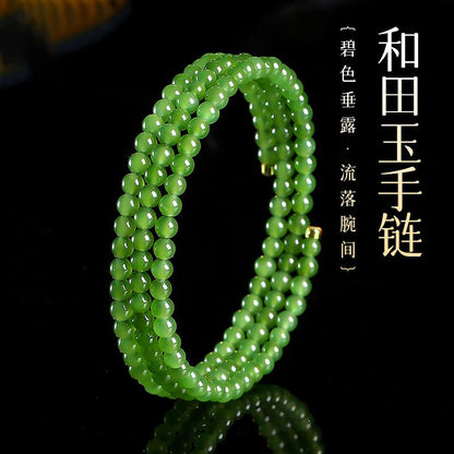 High-oil Apple Green Hetian Jasper Multi-loop Bracelet, Small Bead Bangle Style, Festival Gift
